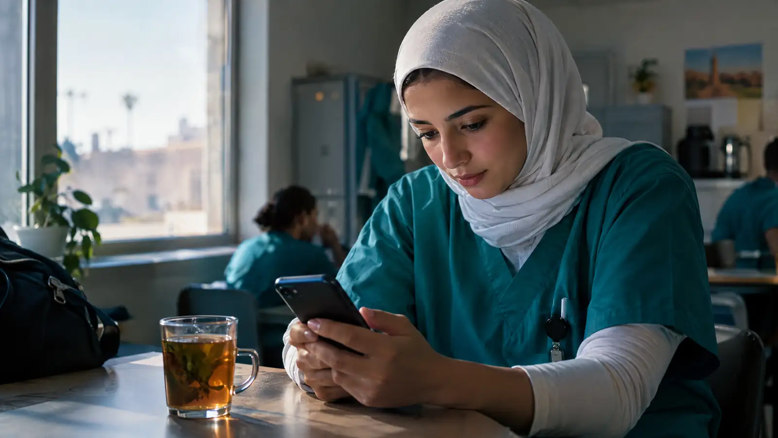 Infirmière en tenue révisant sur son téléphone en salle de pause