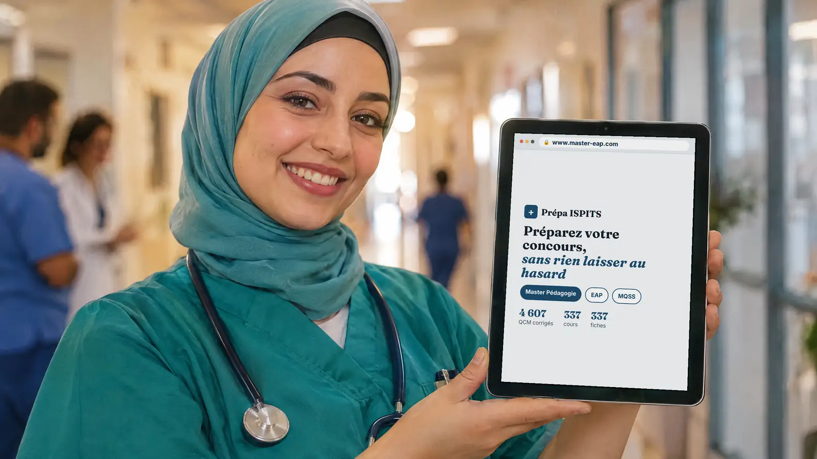 Infirmière présentant la plateforme master-eap.com sur une tablette